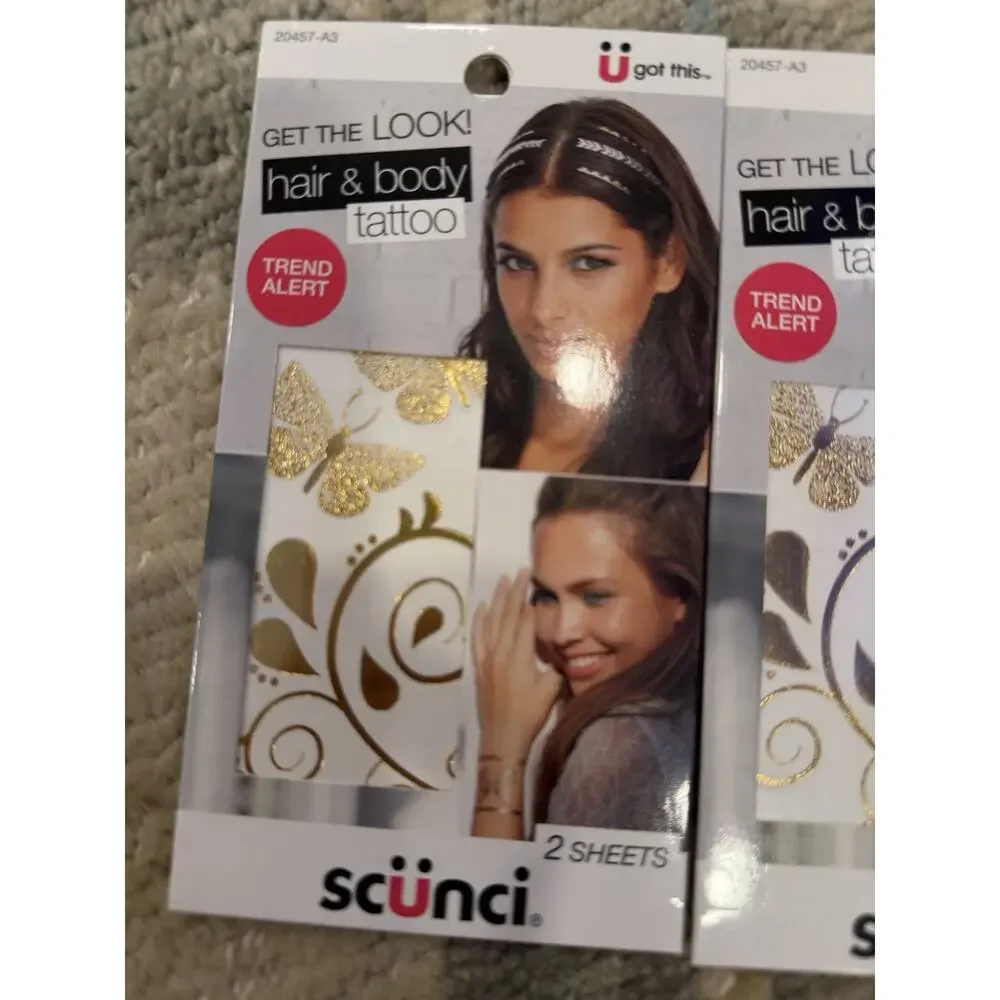 SCUNCI HAIR AND BODY TATTOO. 2 Sheets Each Gold & Silver 2 Pack 4 Sheets Total
